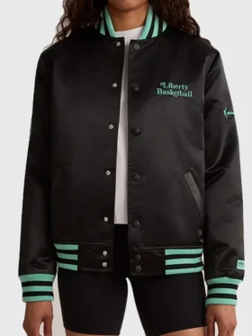 Front look of NY Liberty Twin Flame Varsity Jacket featuring bold varsity styling and premium construction