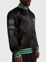 Side view of NY Liberty Twin Flame Varsity Jacket featuring premium varsity styling, athletic details, and a classic fit