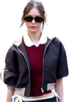 Front view of Nina Dobrev PFW 2026 Bomber Jacket featuring clean front detailing, premium materials, and a modern bomber design