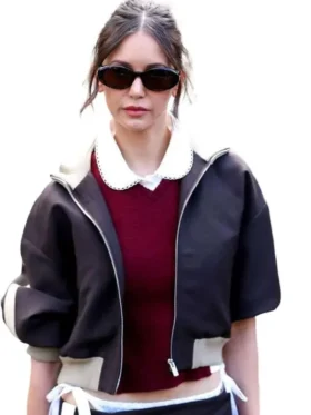 Front view of Nina Dobrev PFW 2026 Bomber Jacket featuring clean front detailing, premium materials, and a modern bomber design