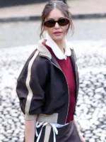Side view of Nina Dobrev PFW 2026 Bomber Jacket featuring a modern bomber silhouette, premium construction, and celebrity-inspired styling