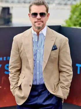 Close-up view of Odyssey London Premier Matt Damon Blazer showing premium fabric texture, neat stitching, and refined craftsmanship