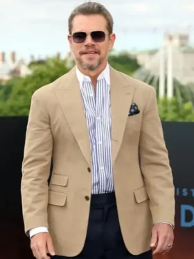 Front view of Odyssey London Premier Matt Damon Blazer featuring clean front detailing, premium fabric, and a tailored fit
