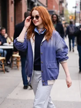 Closure view of PFW 2026 Joey King Blue Jacket highlighting the front fastening, premium hardware, stitching, and quality craftsmanship
