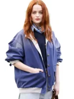 Front view of PFW 2026 Joey King Blue Jacket featuring a tailored fit, premium blue fabric, and modern runway-inspired styling