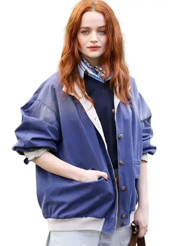 PFW 2026 Joey King Blue Jacket Front View Front view of PFW 2026 Joey King Blue Jacket featuring a tailored fit, premium blue fabric, and modern runway-inspired styling