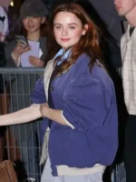 Side view of PFW 2026 Joey King Blue Jacket featuring a sleek profile, tailored fit, and premium blue fabric
