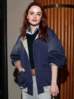 PFW 2026 Joey King Blue Jacket featuring a contemporary silhouette, premium materials, and stylish fashion week-inspired design