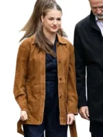 Closure view of Princess Leonor Brown Suede Leather Jacket showing the front fastening, soft suede texture, and premium finishing