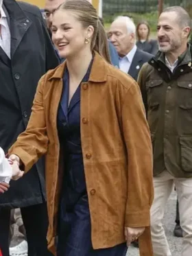 Front view of Princess Leonor Brown Suede Leather Jacket featuring clean front detailing, soft suede leather, and a tailored fit