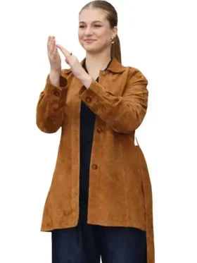 Princess Leonor Brown Suede Leather Jacket showcasing soft suede leather, premium craftsmanship, and a tailored silhouette