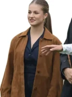Princess Leonor Brown Suede Leather Jacket featuring premium suede leather, refined tailoring, and a sophisticated modern look