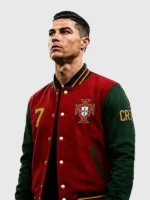 Side view of Ronaldo Portugal Varsity Jacket featuring premium varsity construction and Portugal football inspired styling