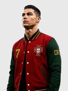 Side view of Ronaldo Portugal Varsity Jacket featuring premium varsity construction and Portugal football inspired styling