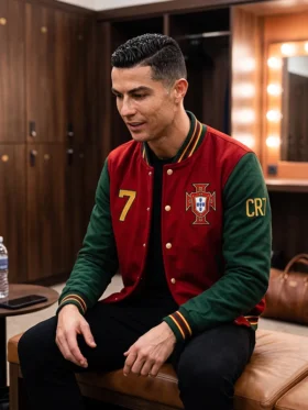 Ronaldo Portugal Varsity Jacket featuring Portugal football inspired colors, premium varsity styling, and athletic streetwear appeal