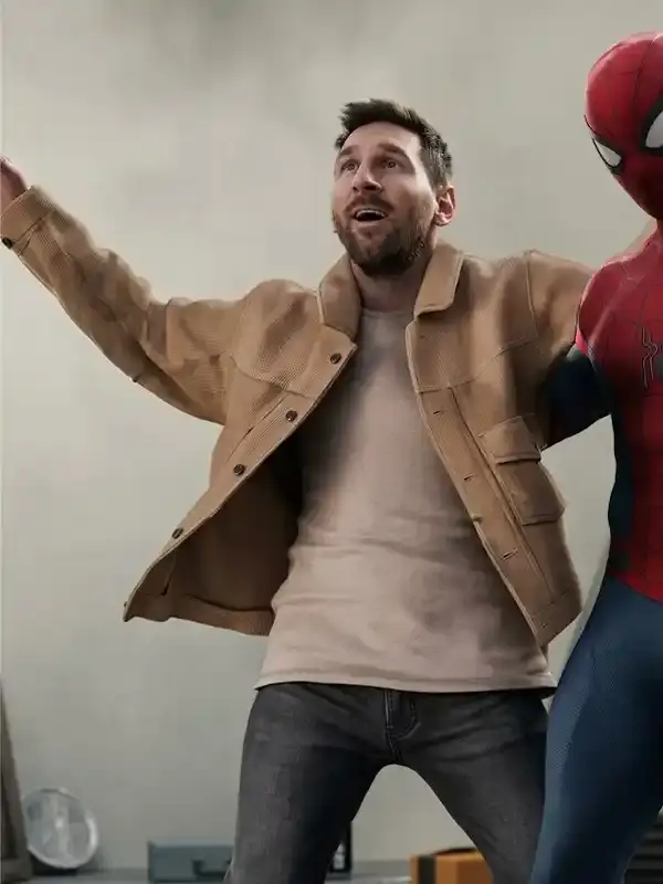Spider Man Meets Messi Suede Jacket Front View Spider Man Meets Messi Suede Jacket Front View