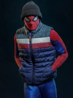 Close-up of Spider Man New Day Puffer Vest highlighting quilted texture, stitching, and premium craftsmanship