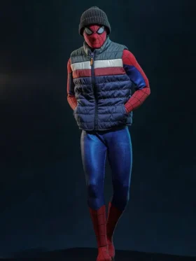 Front view of Spider Man New Day Puffer Vest featuring quilted detailing and a modern sleeveless fit