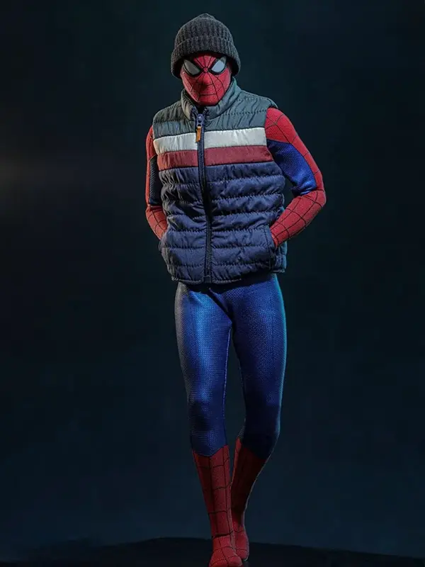 Front view of Spider Man New Day Puffer Vest featuring quilted detailing and a modern sleeveless fit
