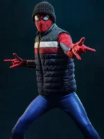 Side view of Spider Man New Day Puffer Vest featuring quilted padding and a modern sleeveless silhouette