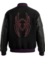 Back design view of Spider Man Varsity Bomber Jacket highlighting bold Spider-Man-inspired artwork and varsity jacket detailing