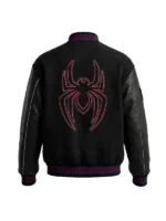 Back view of Spider Man Varsity Bomber Jacket featuring superhero-inspired graphics, ribbed trims, and classic varsity styling