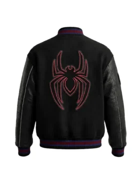 Back view of Spider Man Varsity Bomber Jacket featuring superhero-inspired graphics, ribbed trims, and classic varsity styling