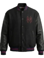 Front look of Spider Man Varsity Bomber Jacket featuring a classic varsity silhouette and Spider-Man-inspired graphics