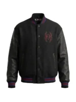 Front view of Spider Man Varsity Bomber Jacket featuring ribbed trims, button closure, and superhero-inspired varsity styling