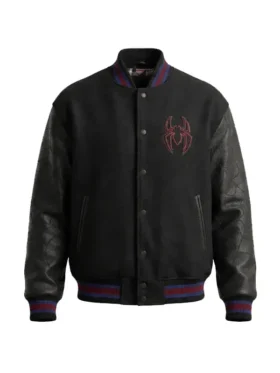 Front view of Spider Man Varsity Bomber Jacket featuring ribbed trims, button closure, and superhero-inspired varsity styling