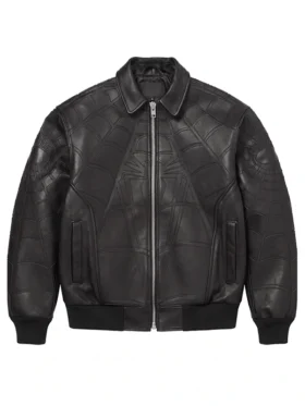 Front view of a black leather bomber-style jacket featuring an embossed Spider-Man web design and central spider logo, with a silver zipper and ribbed cuffs.