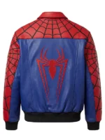 Back view of a vibrant blue and red leather bomber jacket with a red spider logo embroidered on the blue back panel and web patterns across the upper shoulders and sleeves.