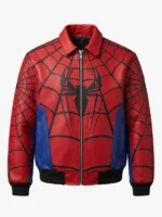 Front view of a red and blue leather bomber jacket featuring a large black spider logo on the chest, a silver zipper, and full web detailing on the red torso and sleeves.