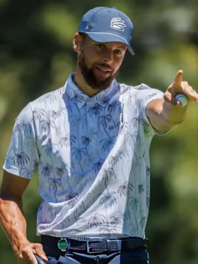 Front view of Stephen Curry ACC Palm Tree Polo Shirt featuring a classic polo collar and premium fabric construction