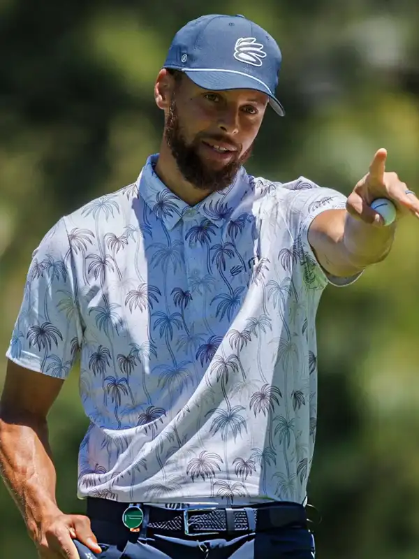 Front view of Stephen Curry ACC Palm Tree Polo Shirt featuring a classic polo collar and premium fabric construction
