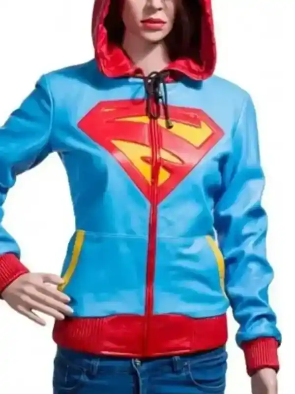 Supergirl Leather Hooded Jacket Front View Supergirl Leather Hooded Jacket Front View