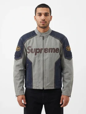 Supreme Vanson Leather Cotton Denim Jacket Front Look