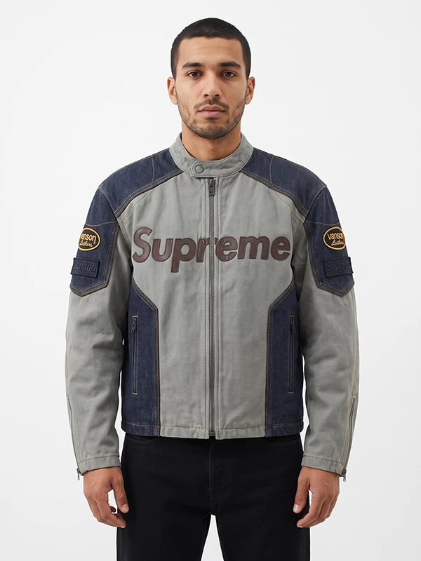 Supreme Vanson Leather Cotton Denim Jacket Front Look