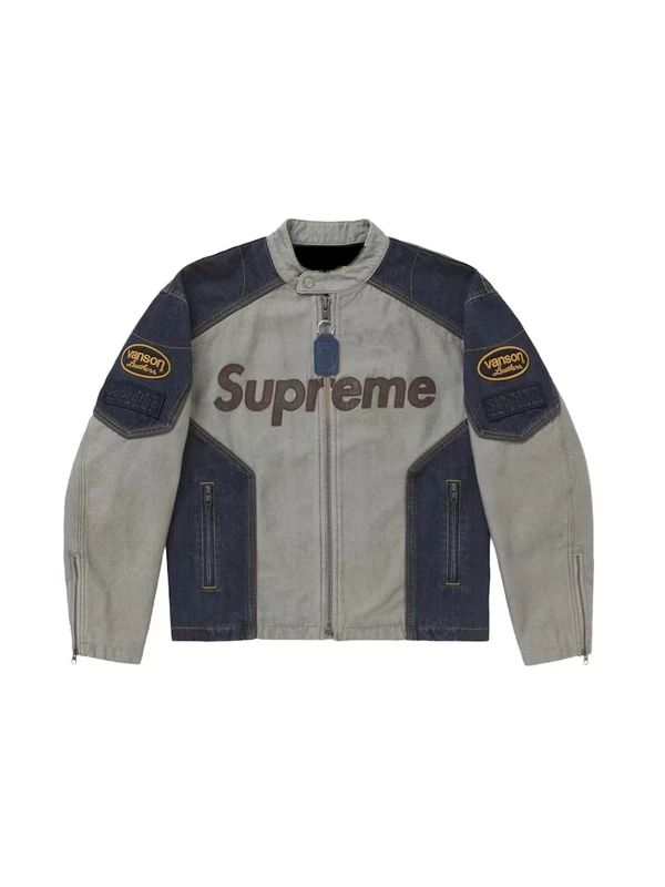 Supreme Vanson Leather Cotton Denim Jacket Front View