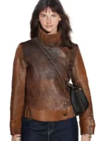 Front view of The Bride Premiere Mia Regan Leather Jacket featuring clean front detailing, premium leather, and a tailored fit