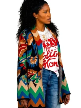 Side view of The Burbs 2026 Keke Palmer Cardigan Coat featuring a relaxed silhouette, premium knit construction, and TV-inspired styling