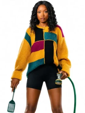 Front view of The Burbs 2026 Keke Palmer Colorblock Sweater featuring a colorful knit design and comfortable everyday fit