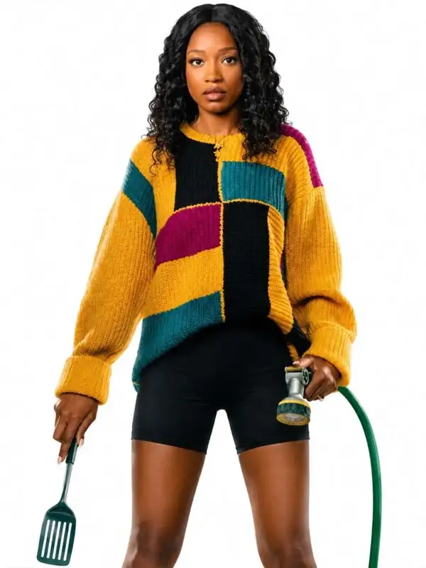 Front view of The Burbs 2026 Keke Palmer Colorblock Sweater featuring a colorful knit design and comfortable everyday fit