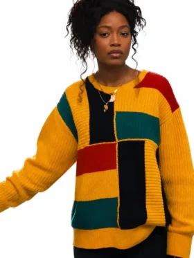 The Burbs 2026 Keke Palmer Colorblock Sweater featuring a vibrant colorblock design, soft knit fabric, and TV-inspired casual styling