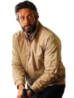 Close-up of The Fix Zachary Levi Beige Jacket highlighting premium fabric texture, stitching, zipper details, and quality craftsmanship
