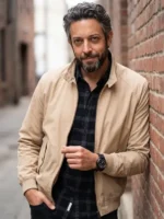 Front view of The Fix Zachary Levi Beige Jacket featuring a structured fit, clean front design, and premium beige finish