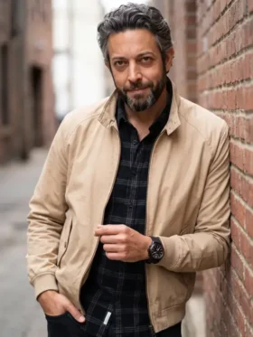Front view of The Fix Zachary Levi Beige Jacket featuring a structured fit, clean front design, and premium beige finish
