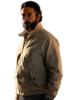 Side view of The Fix Zachary Levi Beige Jacket featuring a tailored fit, premium beige fabric, and a sleek modern profile