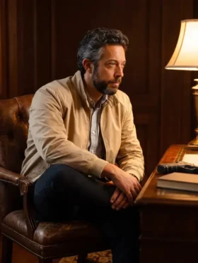 The Fix Zachary Levi Beige Jacket featuring a modern fit, premium beige fabric, and clean casual styling inspired by Zachary Levi