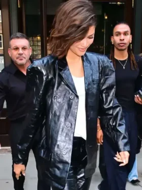 Design look of The Odyssey Press Tour Zendaya Leather Blazer highlighting leather texture, clean stitching, and refined craftsmanship